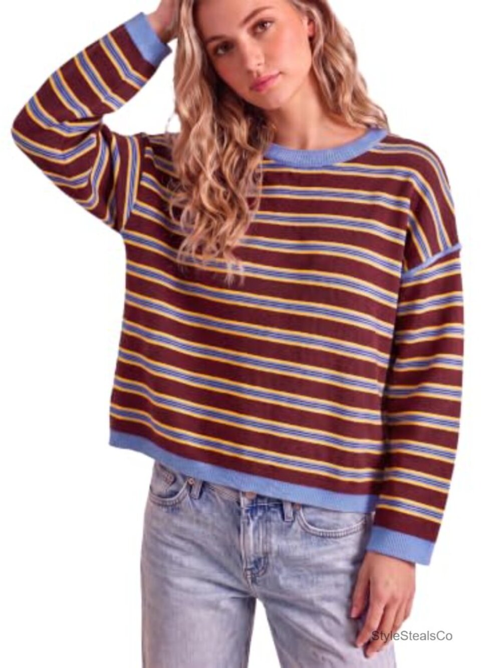 Oversized Striped Knit Pullover Sweater Crew Neck Long Sleeve